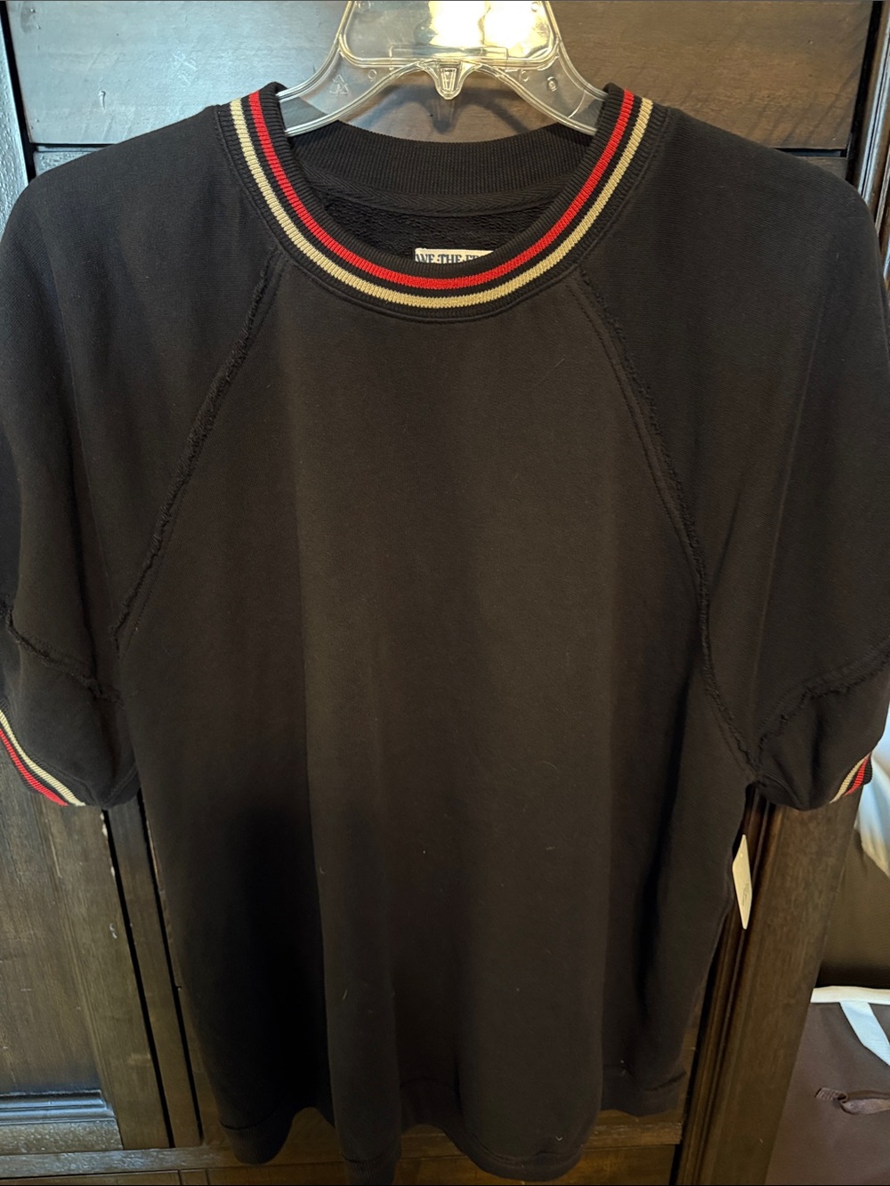 We The Free Black Short Sleeve Crewneck with Red and Cream Stripe Trim